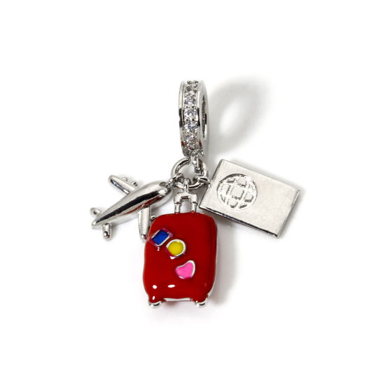 Imagen de 1 Unidad Latón Viajar Cuentas de Encanto Colgantes Platino Chapado Rojo Esmalte Maleta con Ruedas Avión Claro Circón Artificial 3.2cm