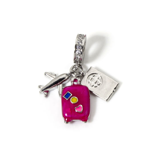 Imagen de 1 Unidad Latón Viajar Cuentas de Encanto Colgantes Platino Chapado Fucsia Esmalte Maleta con Ruedas Avión Claro Circón Artificial 3.2cm