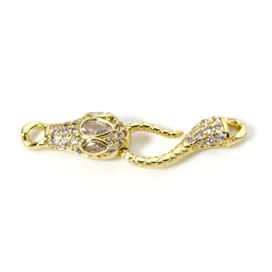 Picture of 1 Set Brass Hook Clasps 18K Gold Plated Micro Pave Clear Cubic Zirconia 3.7cm x 0.9cm