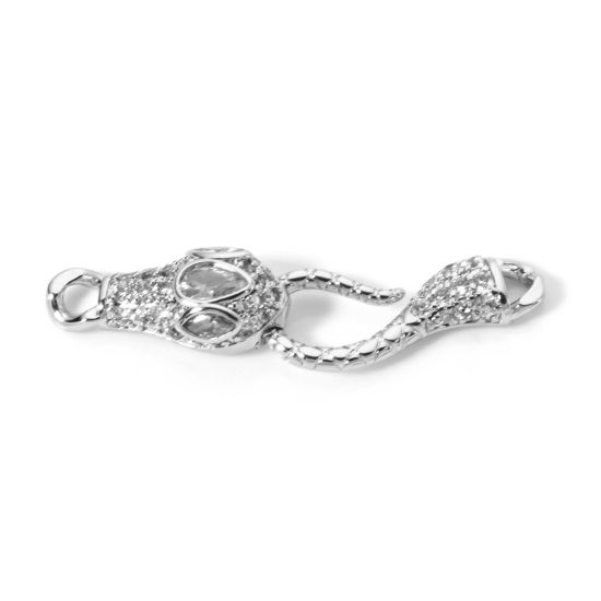 Picture of 1 Set Brass Hook Clasps Platinum Plated Micro Pave Clear Cubic Zirconia 3.7cm x 0.9cm