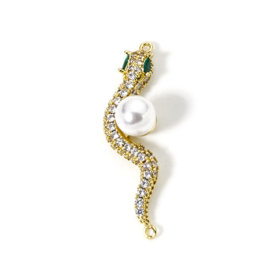 Immagine di 1 Pz Ottone Pendenti Charms Connettori Placcato Oro 18K Bianco Serpente Perla Imitato Acrilico Trasparente Cubic Zirconiae 4.1cm x 1.1cm