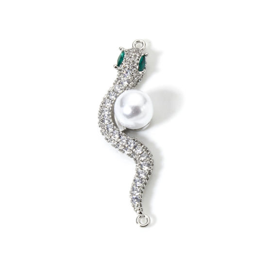 Immagine di 1 Pz Ottone Pendenti Charms Connettori Platino Placcato Bianco Serpente Perla Imitato Acrilico Trasparente Cubic Zirconiae 4.1cm x 1.1cm