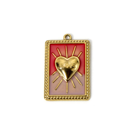 Bild von 1 Stück Umweltfreundliche PVD-Vakuumbeschichtung wasserdicht anlaufgeschützt hypoallergen  304 Edelstahl Valentinstag Charms Rechteck 18K Echtgold plattiert Emaille Fuchsie Herz 28mm x 18mm