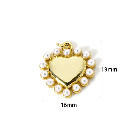 Picture of 1 Piece Brass Valentine's Day Charms 18K Gold Plated White Heart Acrylic Imitation Pearl 19mm x 16mm