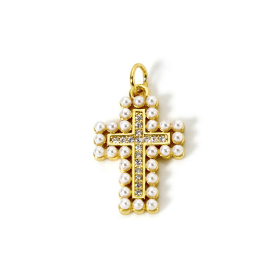 Bild von 1 Stück Messing Religiös Charms 18K Vergoldet Weiß Kreuz Acryl Imitat Perle Klar Kubischer Zirkon 25mm x 14.5mm