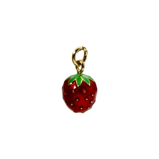 Bild von 2 Stück Umweltfreundlich Messing Charms 18K Echtgold plattiert Rot Emaille Erdbeeren 3D 17mm x 9mm