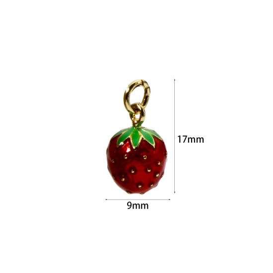 Bild von 2 Stück Umweltfreundlich Messing Charms 18K Echtgold plattiert Rot Emaille Erdbeeren 3D 17mm x 9mm