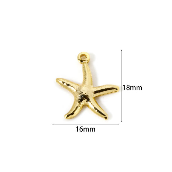 Picture of 5 PCs Brass Ocean Jewelry Charms 18K Gold Plated Star Fish 3D 18mm x 16mm