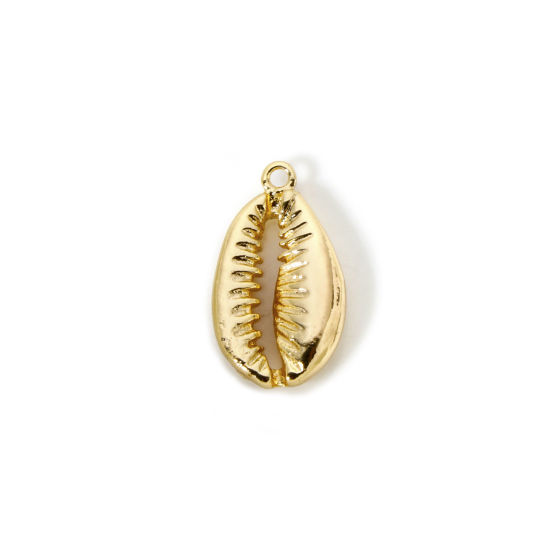 Picture of 2 PCs Brass Ocean Jewelry Charms 18K Gold Plated Shell Cowrie Monetaria Caputserpentis 3D 19mm x 11mm