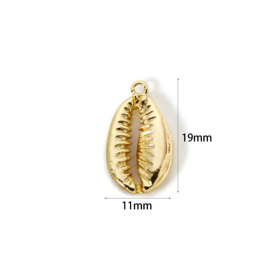 Picture of 2 PCs Brass Ocean Jewelry Charms 18K Gold Plated Shell Cowrie Monetaria Caputserpentis 3D 19mm x 11mm