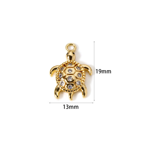 Picture of 2 PCs Brass Ocean Jewelry Charms 18K Gold Plated Tortoise Animal 3D Clear Cubic Zirconia 19mm x 13mm