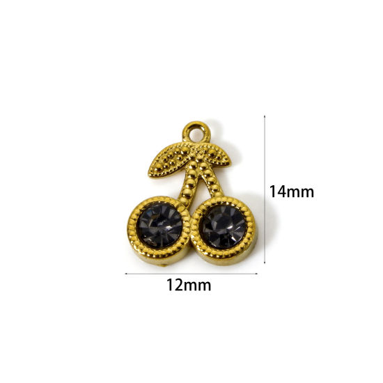 Imagen de 2 Unidades Enchapado al Vacío Ecológico 304 Acero Inoxidable Colección Flora Colgantes Cereza Chapado en Oro de 18K Negro Rhinestone 14mm x 12mm