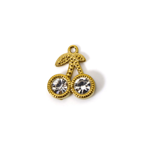 Imagen de 2 Unidades Enchapado al Vacío Ecológico 304 Acero Inoxidable Colección Flora Colgantes Cereza Chapado en Oro de 18K Transparente Rhinestone 14mm x 12mm