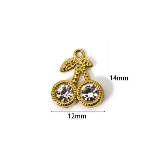 Imagen de 2 Unidades Enchapado al Vacío Ecológico 304 Acero Inoxidable Colección Flora Colgantes Cereza Chapado en Oro de 18K Transparente Rhinestone 14mm x 12mm