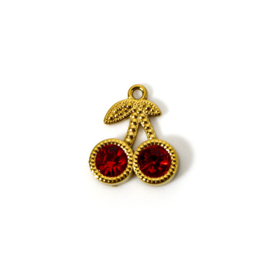 Imagen de 2 Unidades Enchapado al Vacío Ecológico 304 Acero Inoxidable Colección Flora Colgantes Cereza Chapado en Oro de 18K Rojo Rhinestone 14mm x 12mm
