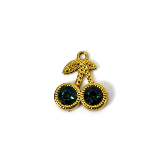 Imagen de 2 Unidades Enchapado al Vacío Ecológico 304 Acero Inoxidable Colección Flora Colgantes Cereza Chapado en Oro de 18K Verde Rhinestone 14mm x 12mm