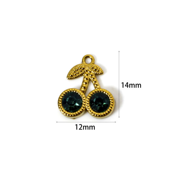 Imagen de 2 Unidades Enchapado al Vacío Ecológico 304 Acero Inoxidable Colección Flora Colgantes Cereza Chapado en Oro de 18K Verde Rhinestone 14mm x 12mm