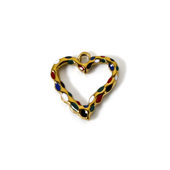 Image de 2 Pcs Breloques en 304 Acier Inoxydable Placage Sous Vide Écologique La Saint Valentin Cœur Plaqué Or 18K Multicolore Émail Creux 21mm x 20mm