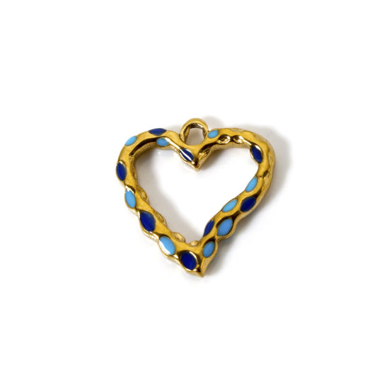 Image de 2 Pcs Pendentifs en 304 Acier Inoxydable Placage Sous Vide Écologique La Saint Valentin Cœur Plaqué Or 18K Bleu Ciel Émail Creux 21mm x 20mm