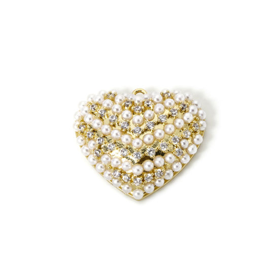 Picture of 1 Piece Brass Valentine's Day Charms 18K Gold Plated Heart Acrylic Imitation Pearl 24.5mm x 21.5mm