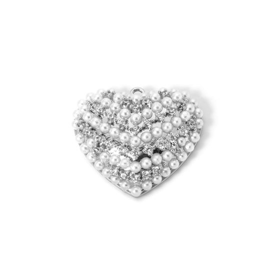 Picture of 1 Piece Brass Valentine's Day Charms Platinum Plated Heart Acrylic Imitation Pearl 24.5mm x 21.5mm