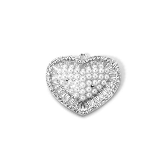 Picture of 1 Piece Brass Valentine's Day Charms Platinum Plated Heart Acrylic Imitation Pearl 26mm x 23mm