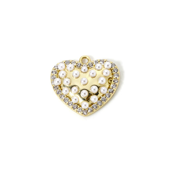 Picture of 1 Piece Brass Valentine's Day Charms 18K Gold Plated Heart Acrylic Imitation Pearl 19mm x 17mm