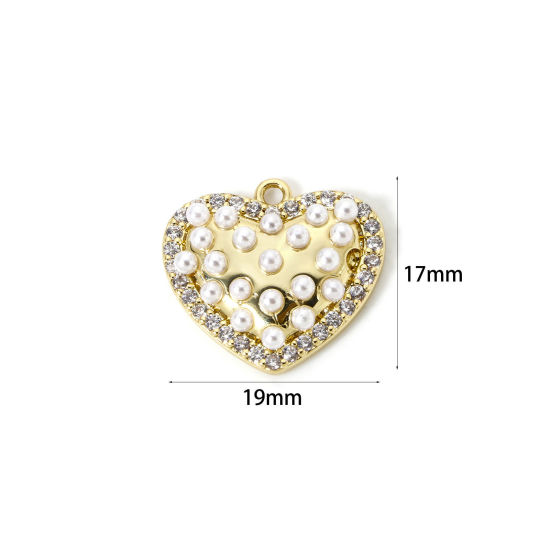 Picture of 1 Piece Brass Valentine's Day Charms 18K Gold Plated Heart Acrylic Imitation Pearl 19mm x 17mm