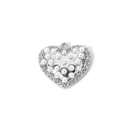 Picture of 1 Piece Brass Valentine's Day Charms Platinum Plated Heart Acrylic Imitation Pearl 19mm x 17mm