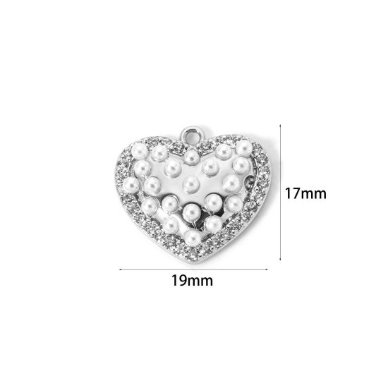 Picture of 1 Piece Brass Valentine's Day Charms Platinum Plated Heart Acrylic Imitation Pearl 19mm x 17mm