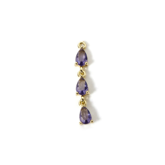 Picture of 1 Piece Brass Charms 18K Gold Plated Drop Purple Cubic Zirconia 29mm x 5mm