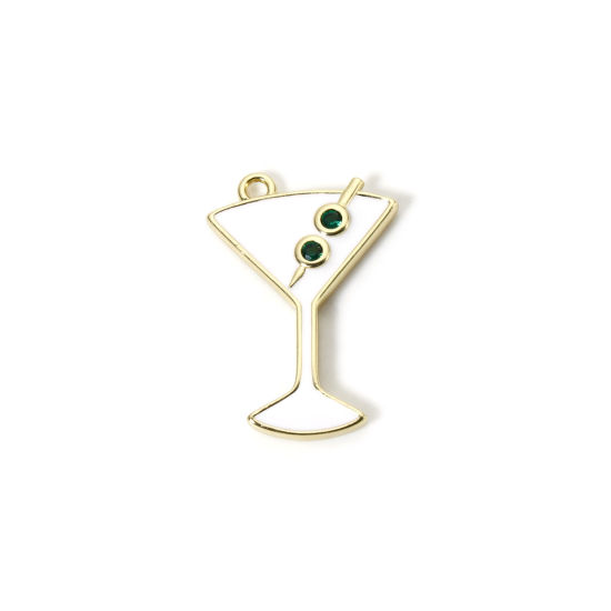 Picture of 1 Piece Brass Charms 18K Gold Plated White Wine Glass Enamel Green Cubic Zirconia 26mm x 18mm