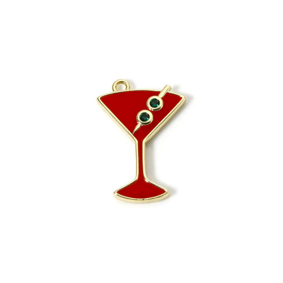 Picture of 1 Piece Brass Charms 18K Gold Plated Red Wine Glass Enamel Green Cubic Zirconia 26mm x 18mm