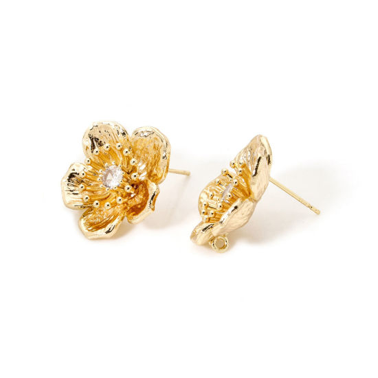 Bild von 2 Stück Umweltfreundlich Messing Flora Kollektion Ohrring Ohrstecker 18K Echtgold plattiert Blumen Klar Kubisch Zirkonia Mit Öse 21mm x 21mm, Drahtst?rke: (21 gauge)