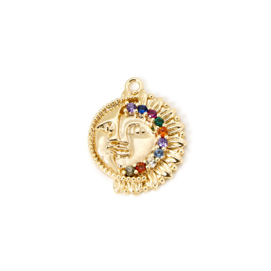 Picture of 1 Piece Eco-friendly Brass Galaxy Charms 18K Real Gold Plated Round Sun And Moon Face Micro Pave Multicolour Cubic Zirconia 20mm x 16mm