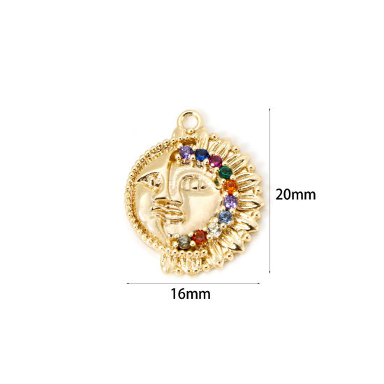 Picture of 1 Piece Eco-friendly Brass Galaxy Charms 18K Real Gold Plated Round Sun And Moon Face Micro Pave Multicolour Cubic Zirconia 20mm x 16mm