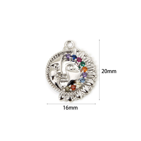 Picture of 1 Piece Eco-friendly Brass Galaxy Charms Real Platinum Plated Round Sun And Moon Face Micro Pave Multicolour Cubic Zirconia 20mm x 16mm