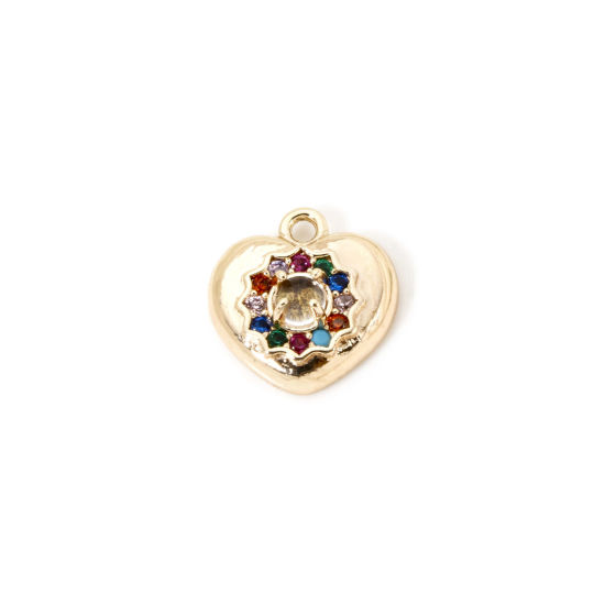 Picture of 1 Piece Eco-friendly Brass Valentine's Day Charms 18K Real Gold Plated Heart Micro Pave Multicolour Cubic Zirconia 12mm x 11mm