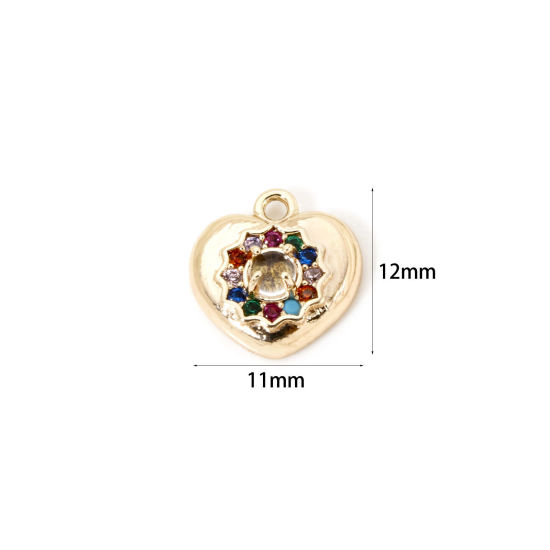 Picture of 1 Piece Eco-friendly Brass Valentine's Day Charms 18K Real Gold Plated Heart Micro Pave Multicolour Cubic Zirconia 12mm x 11mm