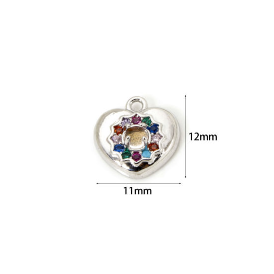 Picture of 1 Piece Eco-friendly Brass Valentine's Day Charms Real Platinum Plated Heart Micro Pave Multicolour Cubic Zirconia 12mm x 11mm