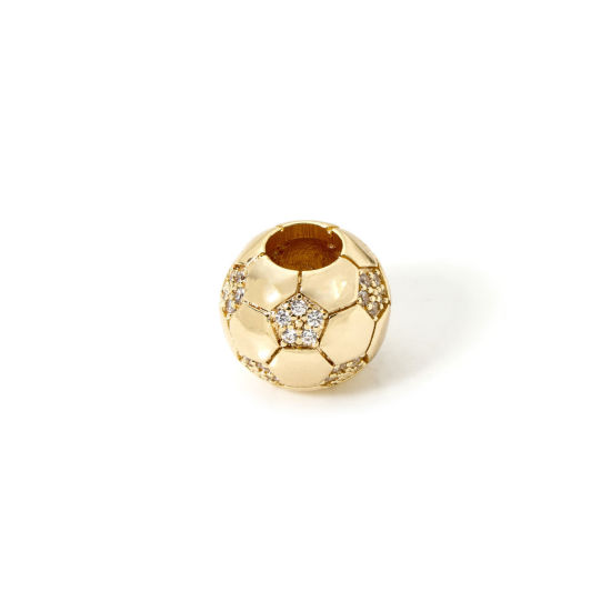 Image de 1 Pièce Perles pour DIY Fabrication de Bijoux Sport en Laiton Respectueux de la Nature Plaqué Or Véritable 18K Football Micro Pave à Zircone Cubique Clair 12mm Dia., Trou: env. 5mm