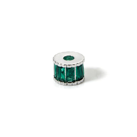 Image de 2 Pcs Perles d'Espacement Accessories pour DIY Fabrication de Bijoux de Bracelet en Laiton Respectueux de la Nature Plaqué Platine Véritable Colonne Micro Pave à Zircone Cubique Vert 7mm Dia., 5mm x Trou: env. 2.2mm