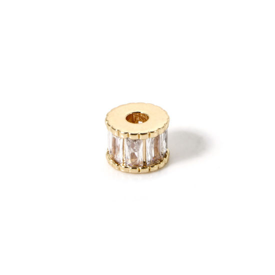 Image de 2 Pcs Perles d'Espacement Accessories pour DIY Fabrication de Bijoux de Bracelet en Laiton Respectueux de la Nature Plaqué Or Véritable 18K Colonne à Zircone Cubique Clair 7mm Dia., 5mm x Trou: env. 2.2mm