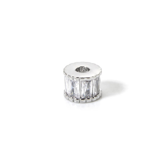 Image de 2 Pcs Perles d'Espacement Accessories pour DIY Fabrication de Bijoux de Bracelet en Laiton Respectueux de la Nature Plaqué Platine Véritable Colonne à Zircone Cubique Clair 7mm Dia., 5mm x Trou: env. 2.2mm