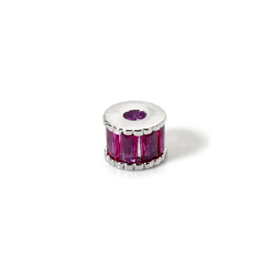 Image de 2 Pcs Perles d'Espacement Accessories pour DIY Fabrication de Bijoux de Bracelet en Laiton Respectueux de la Nature Plaqué Platine Véritable Colonne Micro Pave à Zircone Cubique Fuchsia 7mm Dia., 5mm x Trou: env. 2.2mm