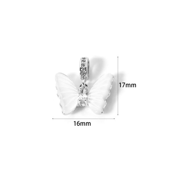 Picture of 1 Piece Eco-friendly Brass Insect Charms Real Platinum Plated White Butterfly Animal Imitation Shell 17mm x 16mm
