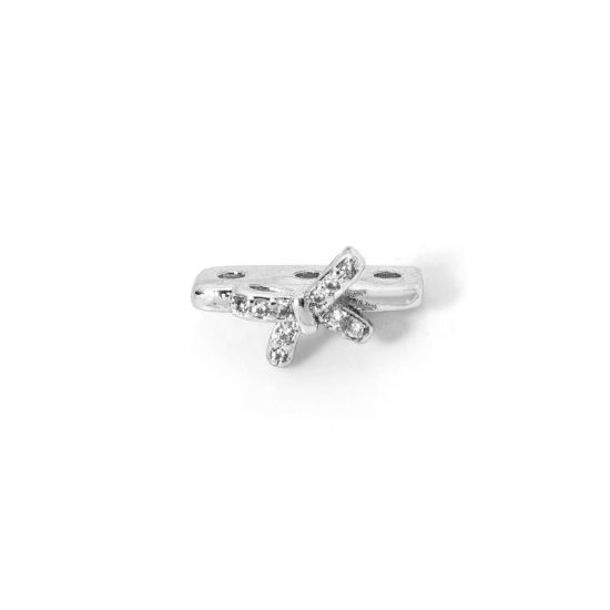 Picture of 2 PCs Eco-friendly Brass Clothes Spacer Beads For DIY Bracelet Jewelry Making Findings 3 Holes Real Platinum Plated Butterfly Animal Micro Pave Clear Cubic Zirconia 13mm x 6.5mm
