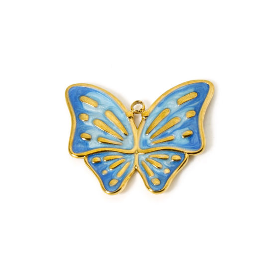 Immagine di 1 Pz Placcatura Sottovuoto PVD Ecologica 304 Acciaio Inossidabile Insetto Ciondoli Pendenti Farfalla 18K Vero Oro Placcato Blu ( Può tenere Smalto 3cm x 2.5cm