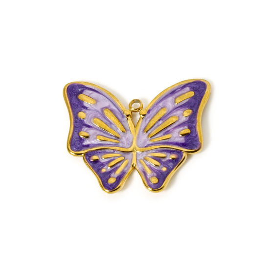 Immagine di 1 Pz Placcatura Sottovuoto PVD Ecologica 304 Acciaio Inossidabile Insetto Ciondoli Pendenti Farfalla 18K Vero Oro Placcato Colore Viola ( Può tenere Smalto 3cm x 2.5cm