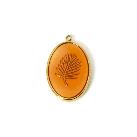 Immagine di 1 Pz Placcatura Sottovuoto PVD Ecologica 304 Acciaio Inossidabile Collezione Flora Ciondoli Ovale 18K Vero Oro Placcato Ambra ( Può tenere Smalto Foglia 28mm x 18mm